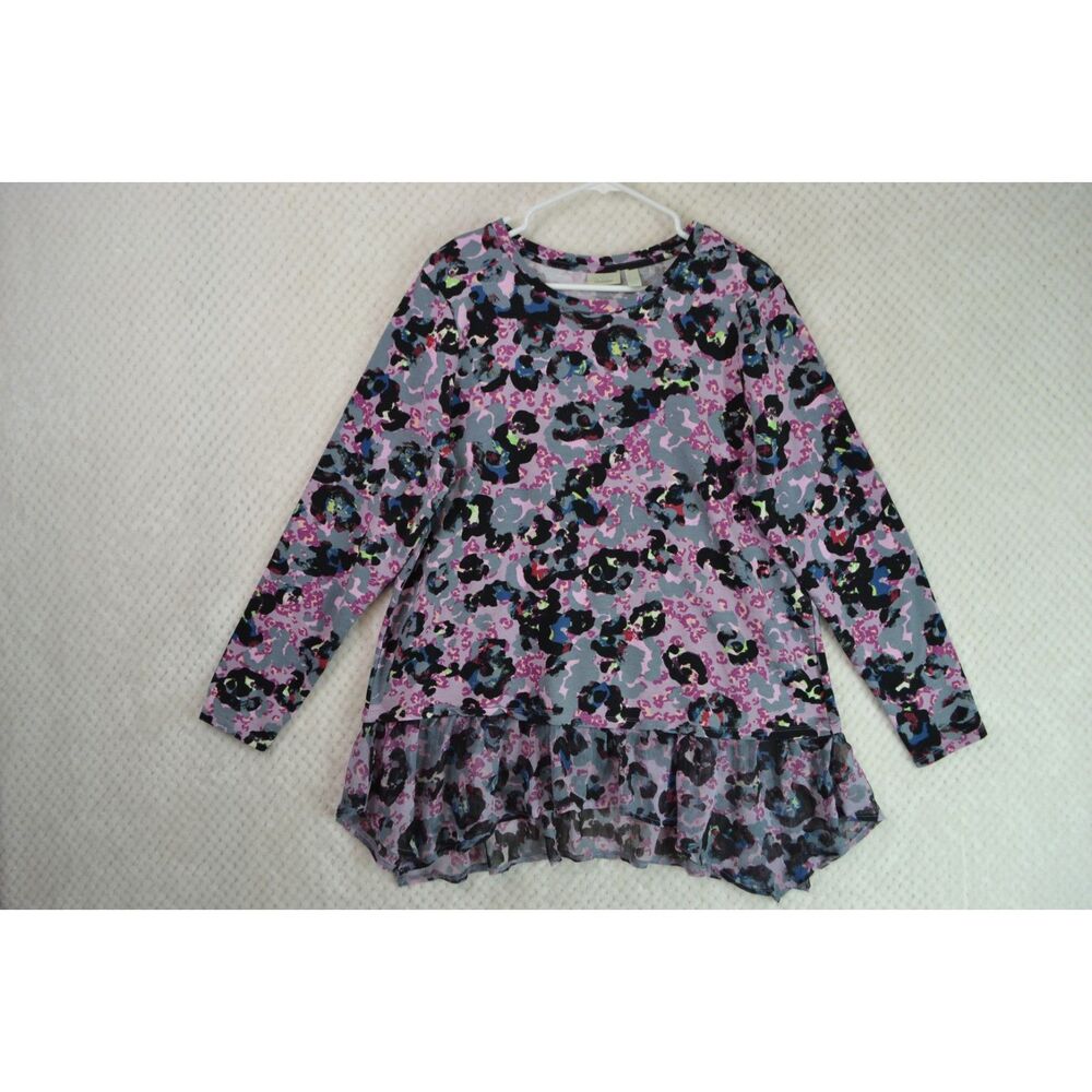LOGO Lounge Women's Large Lagenlook Abstract Floral Sheer Hem Tunic Top